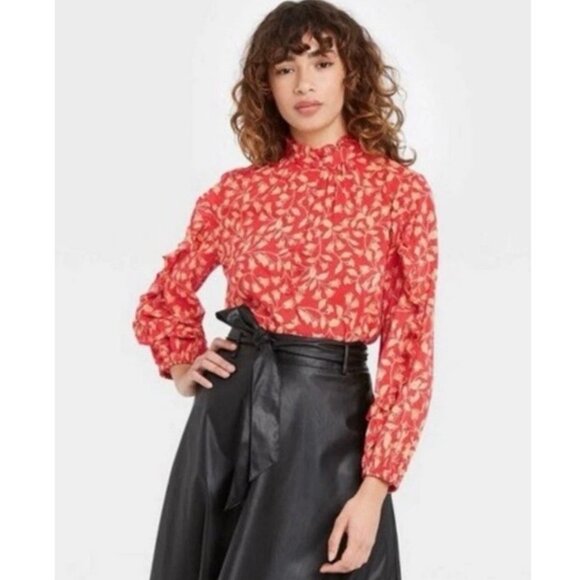Who What Wear Red Floral High Neck Blouse Ruffle Trim Women’s Size Medium EUC - Picture 1 of 7
